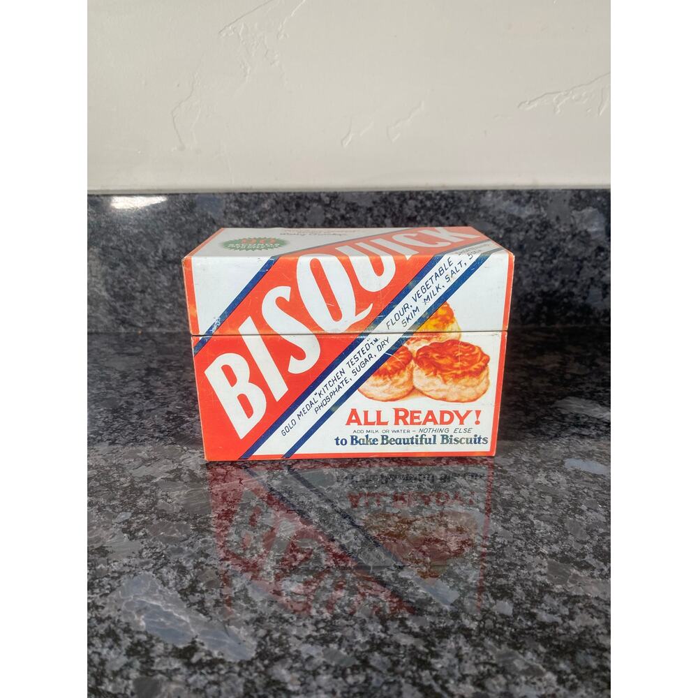 Vintage Bisquick Recipe Metal Tin Box Holder